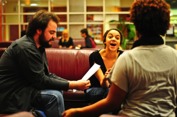 Psychology freshman Gaius Jones, left, auditioned along with psychology sophomores Kristen Rodgers, center, and Kimberly Holiday-Coleman, right, for the Dionysia 2012 production of “Frogs,” a play by Greek playwright Aristophanes.  |  Brianne Leigh Morrison/The Daily Cougar