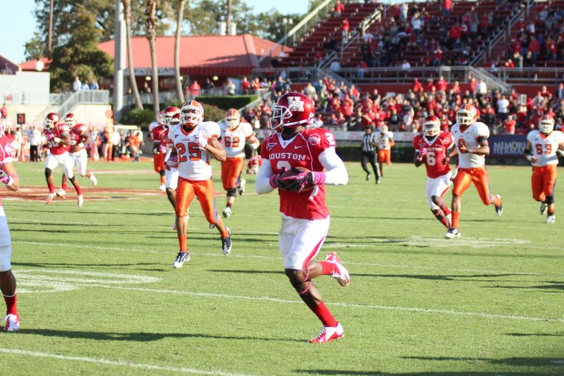 Senior defensive back D.J. Hayden returns an interception 97 yards in a 45-35 victory over UTEP this season.  |  Rebekah Stearns/The Daily Cougar