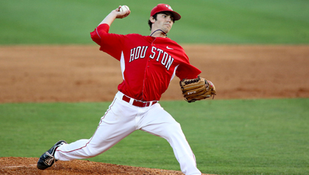 Senior pitcher Austin Pruitt threw a complete-game one-hitter against Texas State during a pitcher’s duel Saturday. Texas State’s starter pitcher Taylor Black gave up one hit in seven and a third innings.  |  Courtesy of UH Athletics
