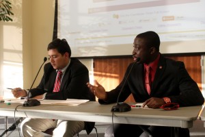 Eduardo Reyes (left) and Cedric Bandoh (right) discussed student’s safety on campus in Monday’s presidential debate. |   Shaimaa Eissa/The Daily Cougar