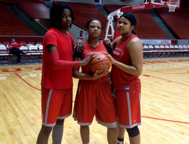 (From left) Junior center and forwards Yasmeen Thompson, Te’onna Campbell and Marissa Ashton have contributed to the Cougars’ improvement this season. The team has 10 more wins than it did last season.  |  Andrew Valderas/The Daily Cougar