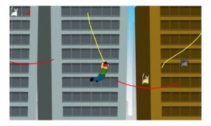 In Team Skyline Studios' puzzle-action platform game for mobile devices, "Zipline Hero", the player uses the touch-screen to rescue falling cats and bring them to safety.  |  Courtesy of UH.edu 