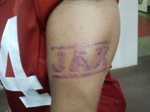 Junior offensive lineman Rowdy Harper branded his son Jax's name on his left arm.  |  Christopher Shelton/The Daily Cougar