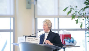 Mayor Annise Parker visited campus Tuesday for the 2013 UH Spring Faculty Assembly, and spoke to a crowd of more than 100 students, staff and faculty about the perks of Houston. | Courtesy of UH.edu