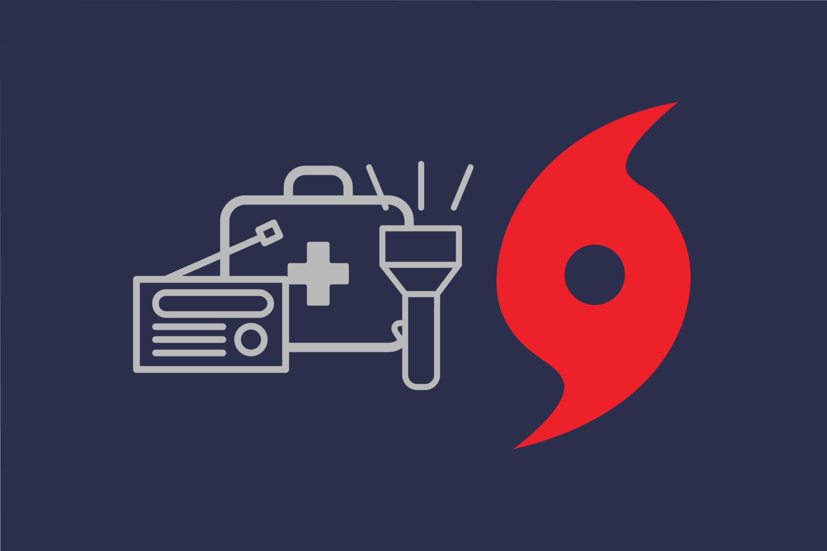Grey graphics of a flashlight, first aid kit, and radio, and a red hurricane icon, all on a dark blue background.
