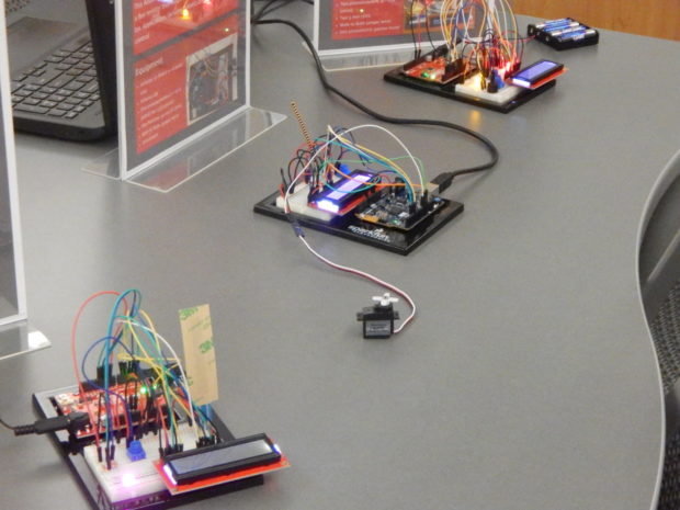 Student-made electronics at one of the MakerSpace bays at UH. 