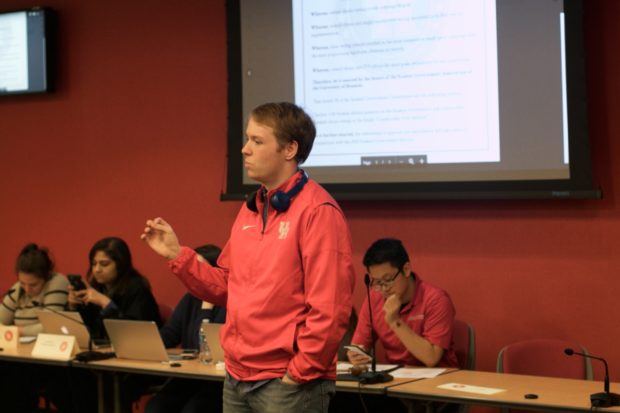 SGA Attorney General Cameron Barrett discussed election code adjustments to the Senate. | Donna Keeya/The Cougar
