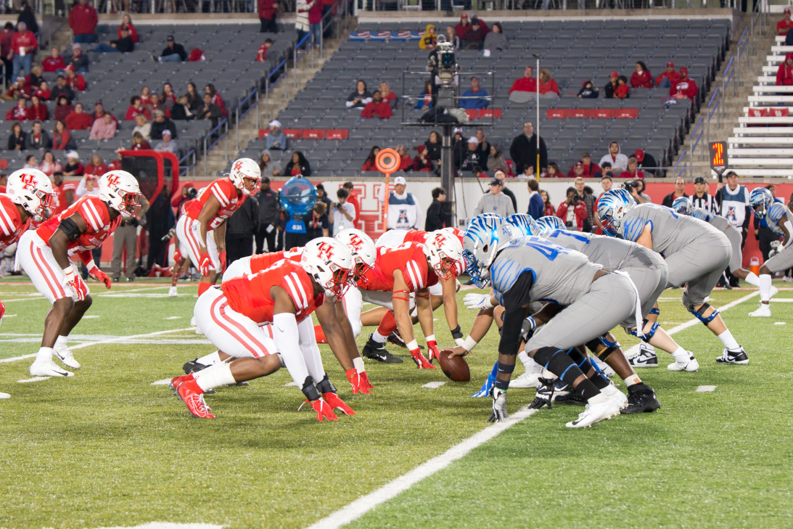 Houston's defensive line, shown facing off against Memphis on Nov. 16, held Tulsa to negative rushing yards in its Week 13 win over the Golden Hurricane and must again step up against No. 24 Navy's triple-option offense. | Katrina Martinez/The Cougar