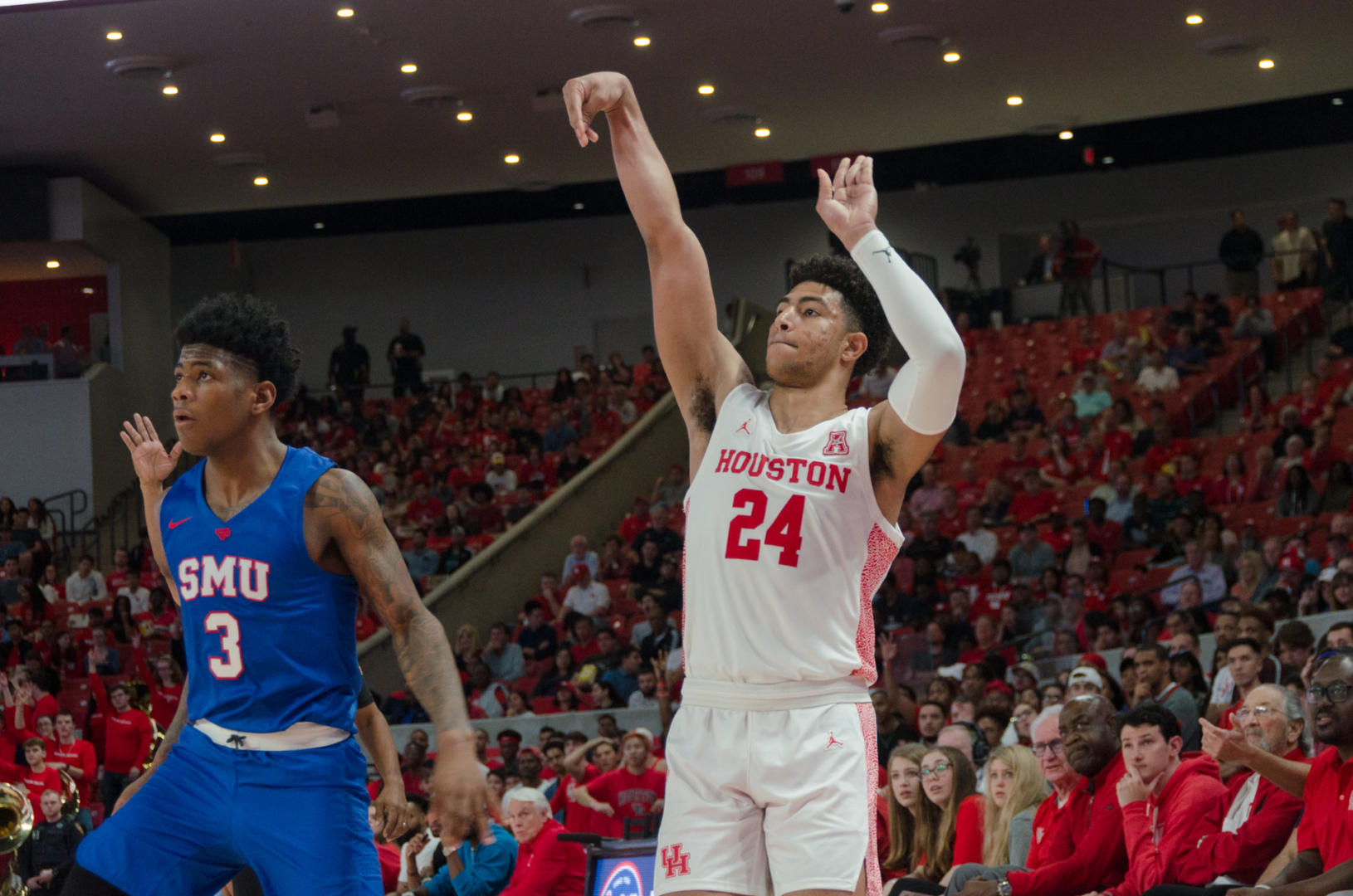 Sophomore guard Quentin Grimes, shown putting up a shot in Houston's win over SMU on Jan. 15 at Fertitta Center, was notably absent from the starting lineup after head coach Kelvin Sampson held open tryouts following the Tulsa loss. | Lino Sandil/The Cougar