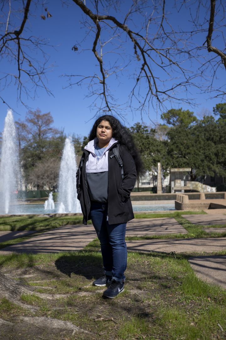 Celine Pineda stands near the Cullen Fountain, one of her favorite spots on campus. She was hopeful she'd find a community of native students she could relate to when she first came to UH, but that was not the case. | Katrina Martinez/The Cougar