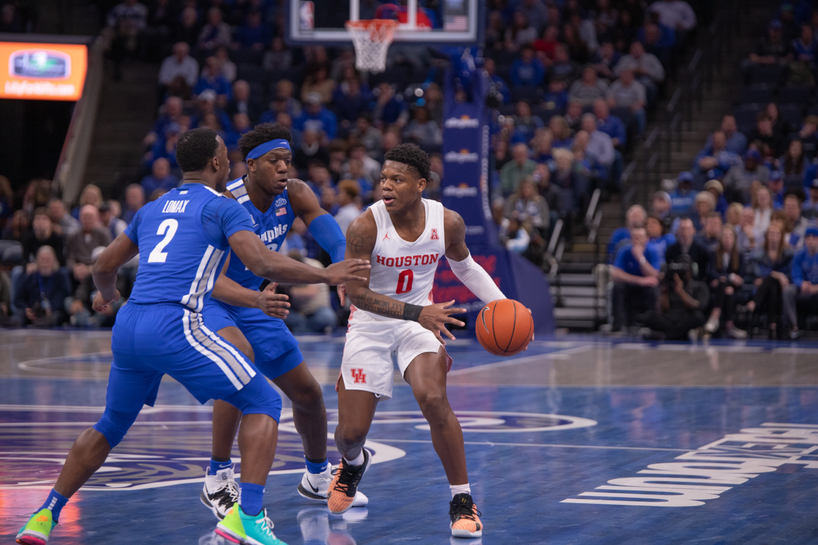 Freshman guard Marcus Sasser continued his recent success on Saturday against Memphis despite the loss, scoring 18 points and grabbing six rebounds. | Kathryn Lenihan/The Cougar