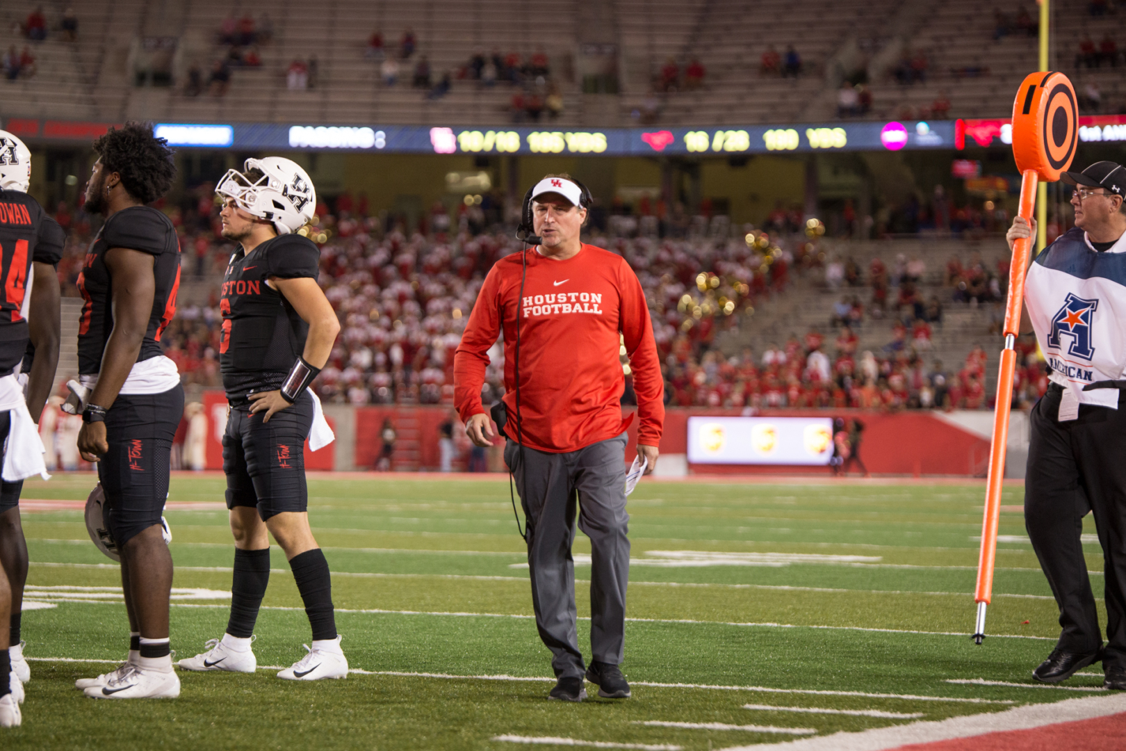 Houston head coach Dana Holgorsen on the sidelines at TDECU Stadium in a game against SMU during the 2019 season. | Trevor Nolley/The Cougar
