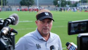 UH football head coach Dana Holgorsen meeting with media in August 2019. "We had Zoom calls and stuff, but without being face-to-face or stuff, it was hard." Holgorsen told media via Zoom on Wednesday about challenges communicating with players this year due to the pandemic. "We came back, you get caught up in the day-to-day football stuff, you forget that we’re dealing with human beings and relationships."