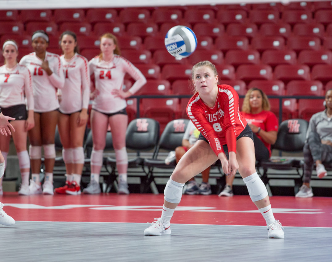 Defensive specialist and libero Katie Karbo (8) during a game against SMU in the 2019 season. In that year, Karbo was named to the American Athletic Conference Second Team. | Trevor Nolley/The Cougar