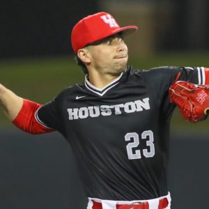 Former UH baseball right handed pitcher Fred Villarreal Jr. extends his arm back as he is in the middle of delivering a pitch. | Courtesy of UH athletics