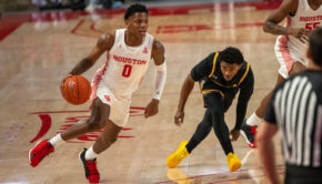 UH guard Marcus Sasser (0) gets past Wichita State's Alterique Gilbert on Jan. 6, 2021 at Fertitta Center. | Andy Yanez/The Cougar