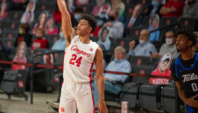 UH junior guard Quentin Grimes holds his follow through after a 3-point shot in a game against Tulsa on Jan. 20 at Fertitta Center. | Andy Yanez/The Cougar