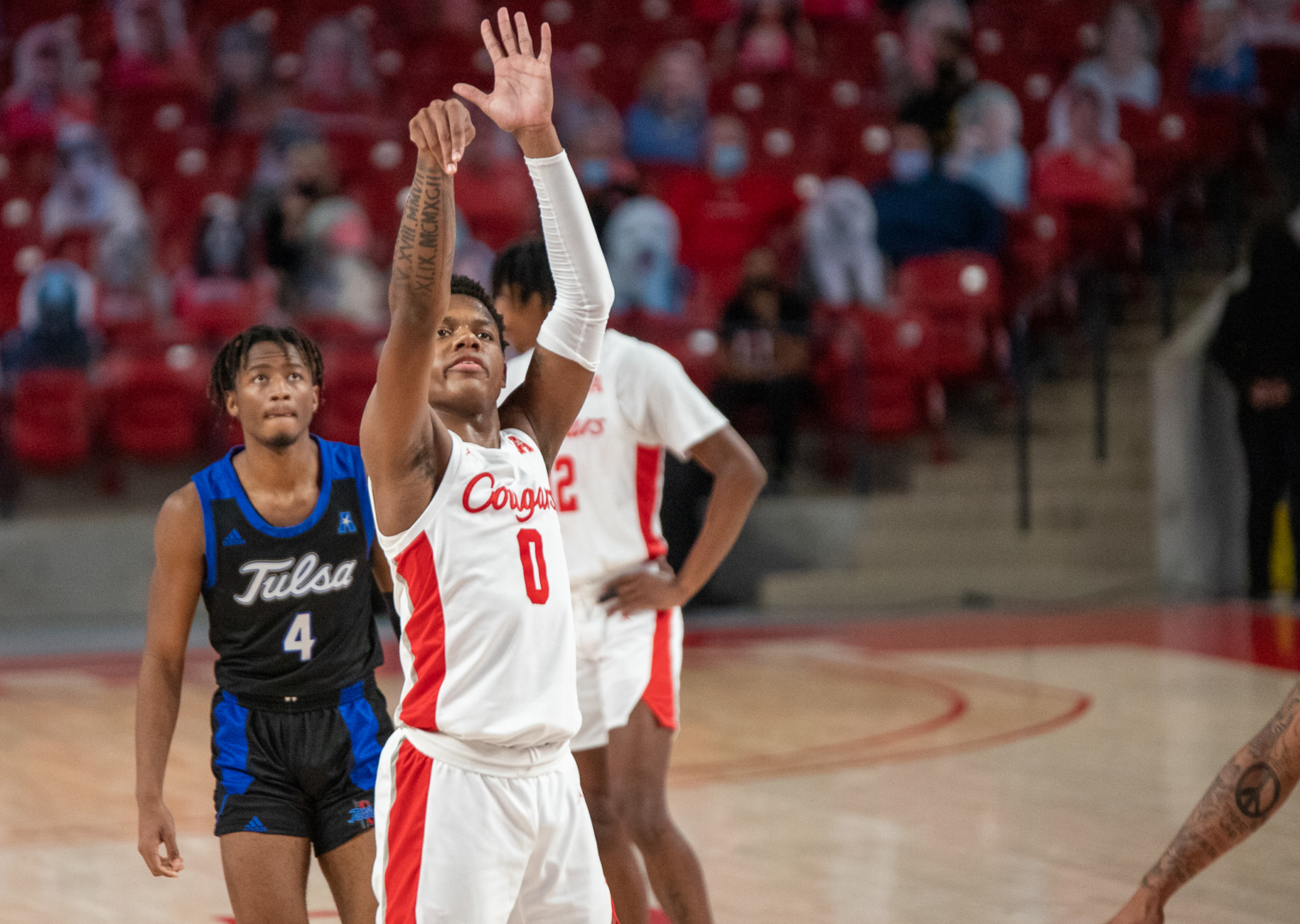 UH guard Marcus Sasser, who hit a career-high eight 3-pointers against Tulane on Jan. 9, holds his form after a free throw against Tulsa on Jan. 20 at Fertitta Center. | Andy Yanez/The Cougar
