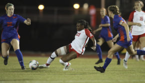 UH soccer redshirt junior forward Zionah Browne slides down with the ball within reach against Houston Baptist on Thursday at the Carl Lewis International Complex. | Courtesy of UH athletics