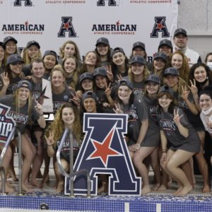 The UH swimming and diving team celebrates its fifth straight American Athletic Conference championship on Saturday evening. | Courtesy of UH athletics