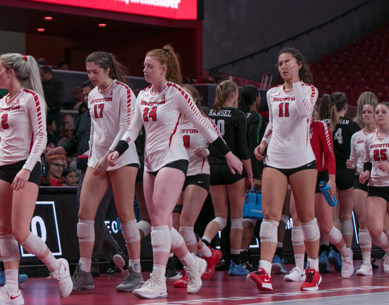 Houston outside hitter Abbie Jackson (24) walks with her teammates after a game in the 2019 season at Fertitta Center. Jackson led the UH volleyball team in kills in both games over the weekend against SMU. | Armando Yanez/The Cougar