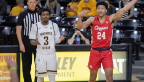 UH guard Quentin Grimes (24) lobbies the officials that it should be the Cougars' ball against Wichita State on Thursday at Charles Koch Arena. | Khanh Nguyen/The Sunflower