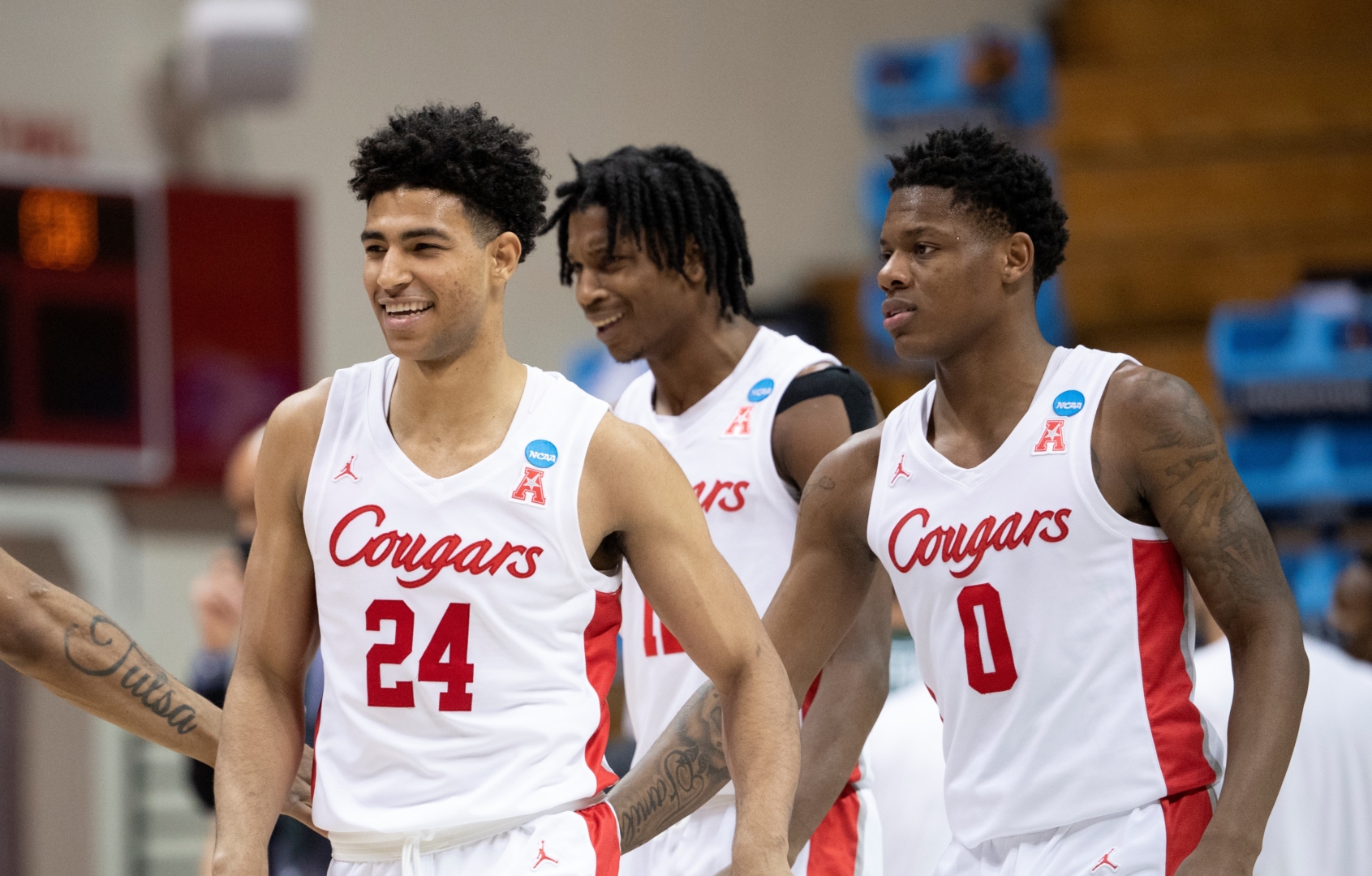 Quentin Grimes (24) of the Houston Cougars reacts during the first round of the 2021 NCAA Division I Men’s Basketball Tournament against Cleveland State Vikings held at Simon Skjodt Assembly Hall on March 19, 2021 in Bloomington, Indiana. Quentin Grimes led the team in scoring. | Photo by Ben Solomon/NCAA Photos via Getty Images