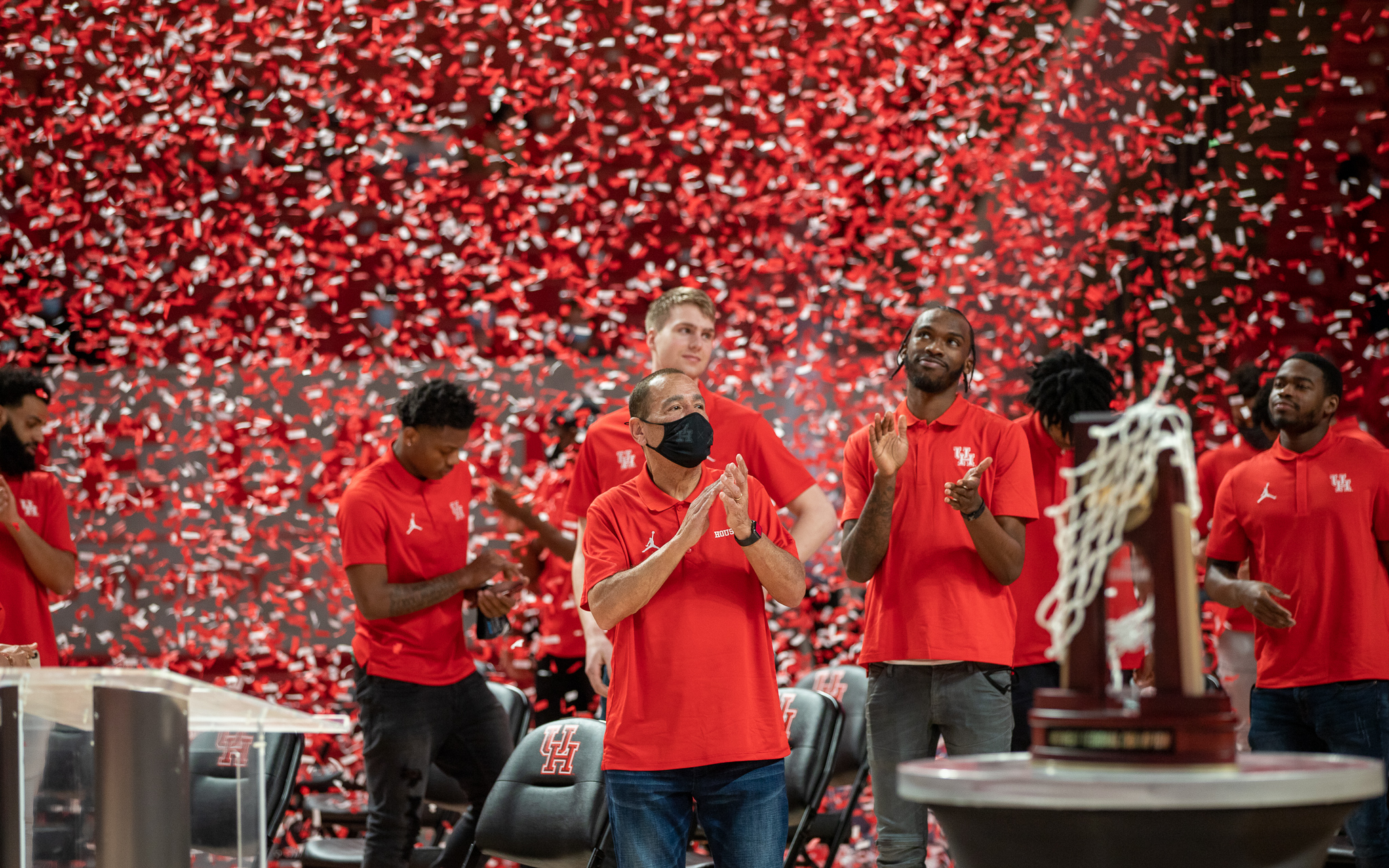 Confetti rains down onto the court of the Fertitta Center to cap off the UH basketball program's Final Four celebration Wednesday night | Andy Yanez/The Cougar