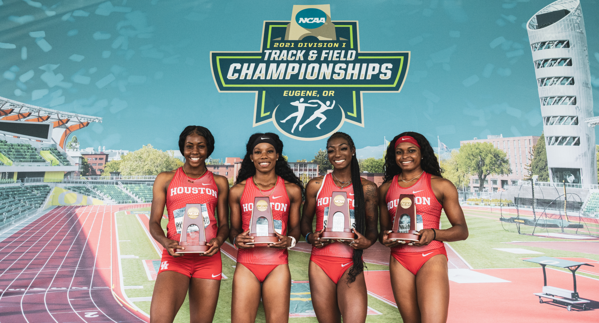 The UH women's 4x100-meter relay team consisting of freshman Camille Rutherford and senior Naomi Taylor and graduate students Samiyah Samuels, and Tristan Evelyn scored the first points for the Cougars women's team at the NCAA Outdoor Championships since 2012. | Courtesy of UH athletics