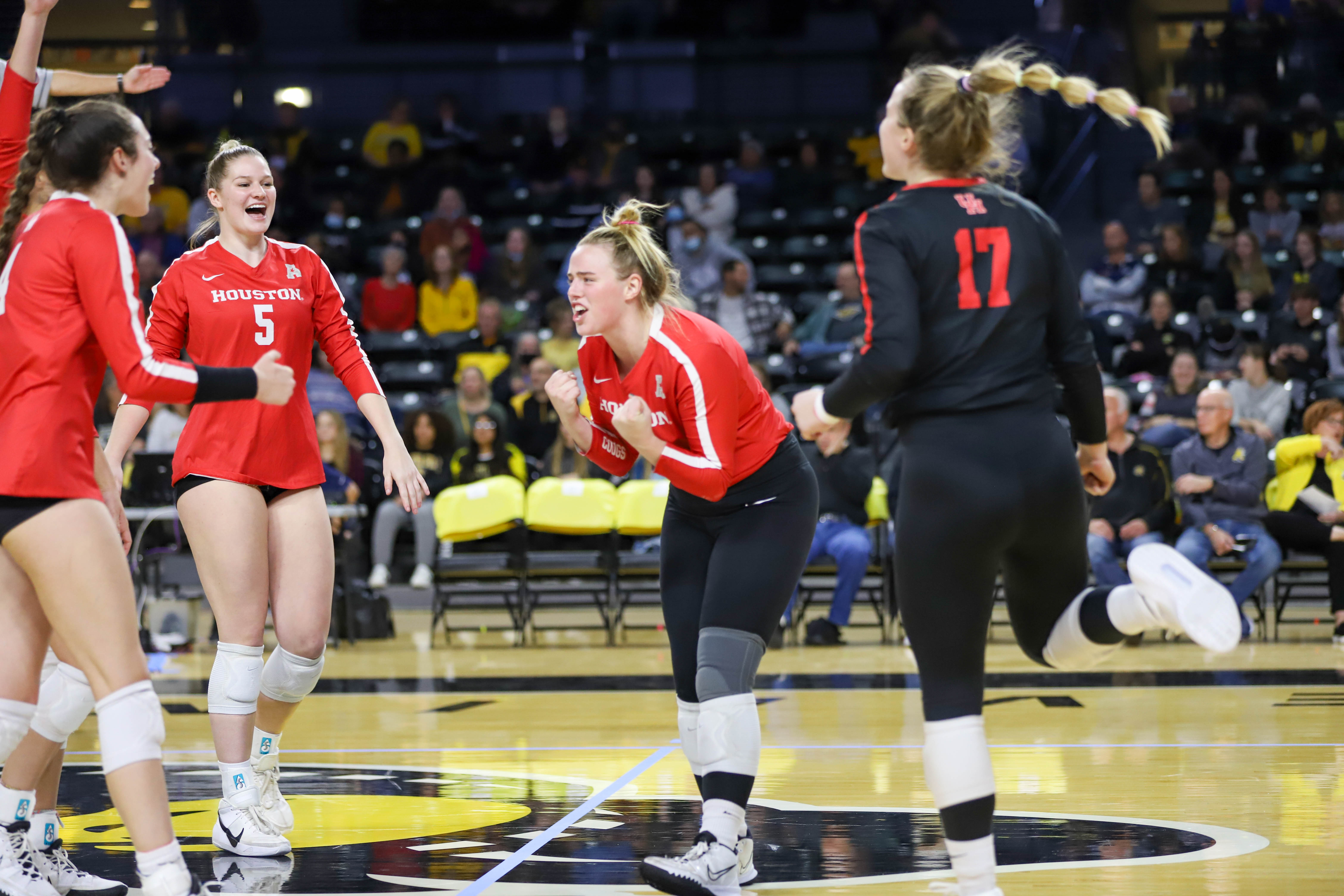 Sophomore setter Annie Cooke was fired up on Friday night as UH volleyball defeated Wichita State in five sets. | Courtesy of Sean Marty/The Sunflower