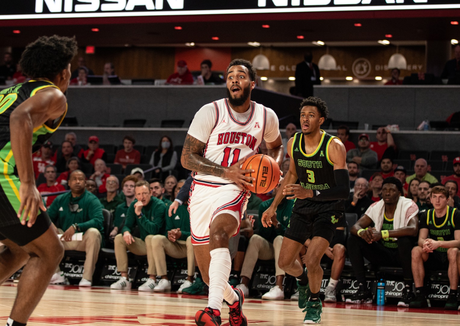 UH guard Kyler Edwards scored a game-high 23 points in the Cougars victory over USF on Tuesday night at Fertitta Center. | Sean Thomas/The Cougar