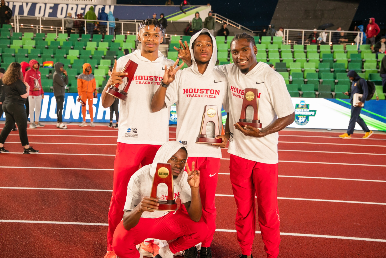 All four members of the men's 4x100-meter relay team received All-American honors after placing third in the NCAA Championship finals and setting one final season-best time. | Courtesy of UH Athletics.