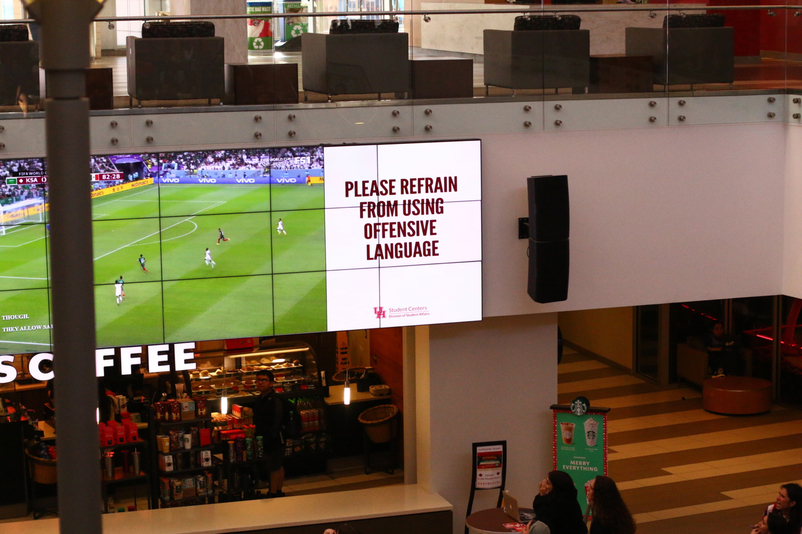 A disclaimer was displayed on the big screen inside Student Center South at UH after dozens of Mexican soccer fans were heard using a homophobic chant during a World Cup watch party. | Anh Le/The Cougar