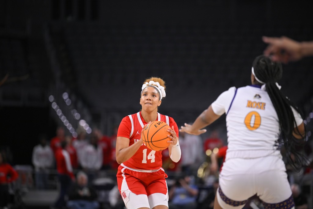 Laila Blair, UH women’s basketball’s leading scorer, was held to two points in Houston’s loss to ECU in the AAC Tournament championship game. | Andy Hancock/American Athletic Conference