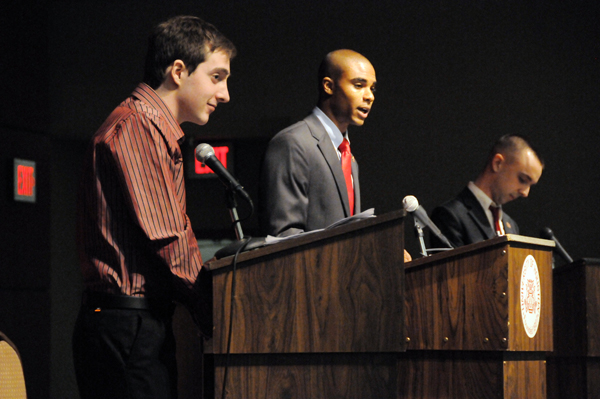 From left: Michael McHugh, Michael Harding and Jared Gogets took the stage for a series of questions that the UH community submitted online via The Daily Cougar’s website.  | Brianna Leigh Morrison/The Daily Cougar