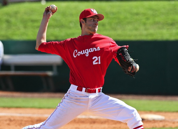 Freshman Aaron Garza earned a win in his first collegiate start for the Cougars. Garza needed just 71 pitches to get through six innings of work, allowing seven batters to reach base and no earned runs while striking out three.   |  Stephen Pinchback/UH Athletics
