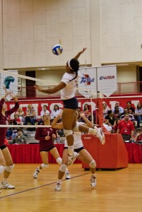 Chandace Tryon rises for a spike in a tough match-up against Florida State on Saturday. | Bethel Glumac/The Daily Cougar