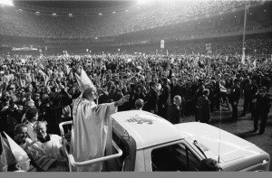 The late Pope John Paul II greets the crowd at Yankee Stadium Oct. 4, 1979, a few days before his 59th birthday. John Paul would go on to be pope for almost another 26 years 