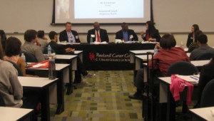 Reva Zhao Azeez, Leonard Loyd, Donald Bowers, II, and Alfred Coleman were the panelists in the discussion about Careers in Finance and Financial Planning.  |  Aisha Bouderdaben/The Daily Cougar