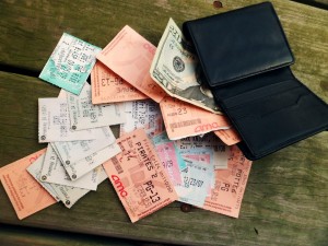 Wallet with movie ticket stubs
