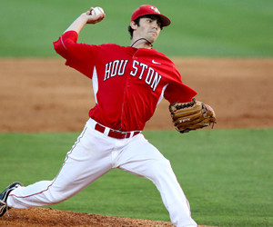 Senior pitcher Austin Pruitt threw a complete-game one-hitter against Texas State during a pitcher’s duel Saturday. Texas State’s starter pitcher Taylor Black gave up one hit in seven and a third innings. | Courtesy of UH Athletics
