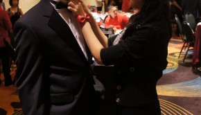 Darnielle Chang adjusts Senator Tanzeem Chowdhury’s bow tie. Chowdhury claimed to be wearing an SGA Special Tux Collection; however, the jury is out on whether that exists. | Natalie Harms/The Daily Cougar