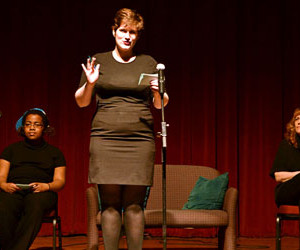 Political science senior Sarah Wood (center) performed “the woman who loved to make vaginas happy.” | Aisha Bouderbaden/The Daily Cougar