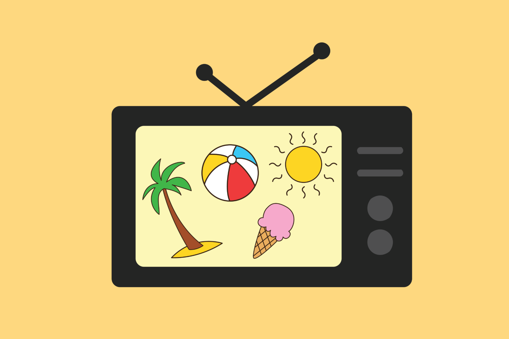 A graphic of a palm tree, beach ball, ice cream cone and sun inside a retro TV, on a yellow background.