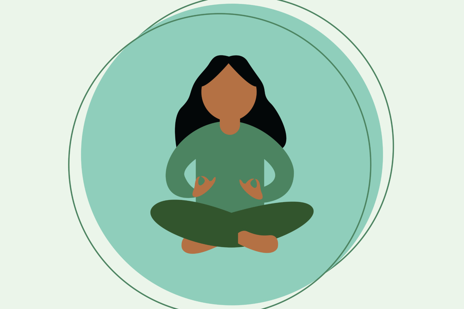 A woman with dark brown skin and long black hair engages in meditation, sitting cross-legged on the ground