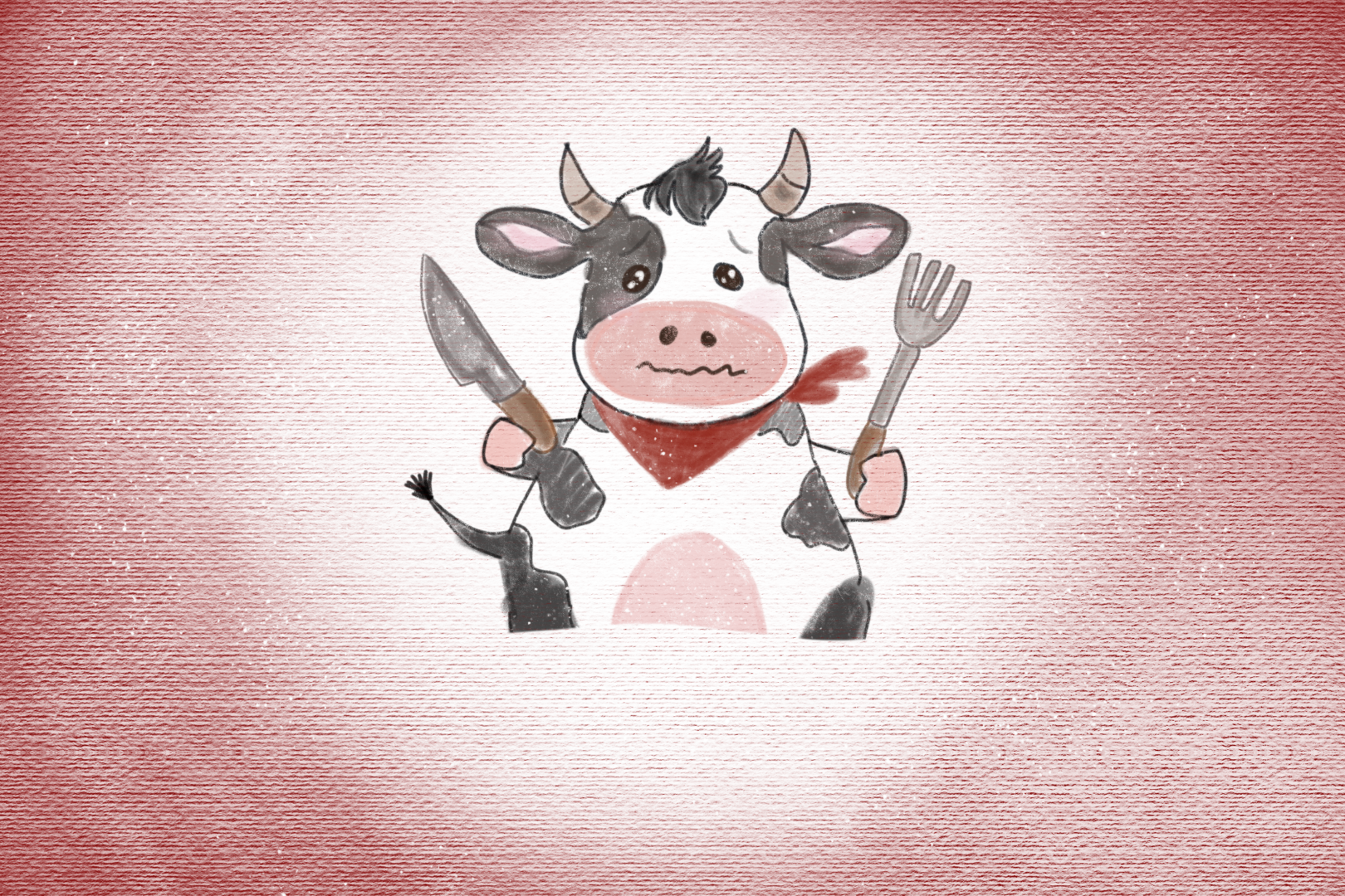 A cute cow looks nervously at the viewer while holding a knife and fork