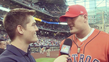 One of the perks of former UH quarterback Crawford Jones' job is that he is allowed to interview sports stars like Texans defensive end J.J. Watt. | Courtesy of Crawford Jones