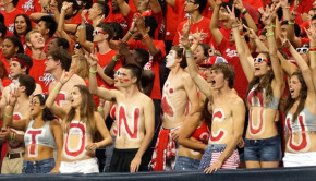 Coog Crew and Bleacher Creatures man the first two rows of the student section and entice students to get loud at sports events. | Steven Chambers/The Daily Cougar