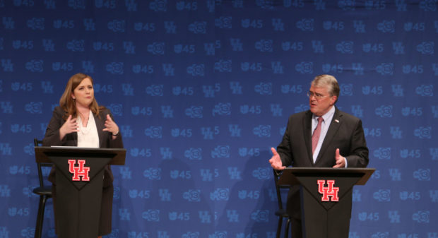 Candidates try to show differences in congressional debate Democrat Challenger Lizzie Pannill Fletcher (left) and Republican Rep. John Culberson squared off at the Student Center Theater Sunday. Both candidates highlighted their stances on national issues, and how they feel their opponent lacks. | Michael Slaten/The Cougar