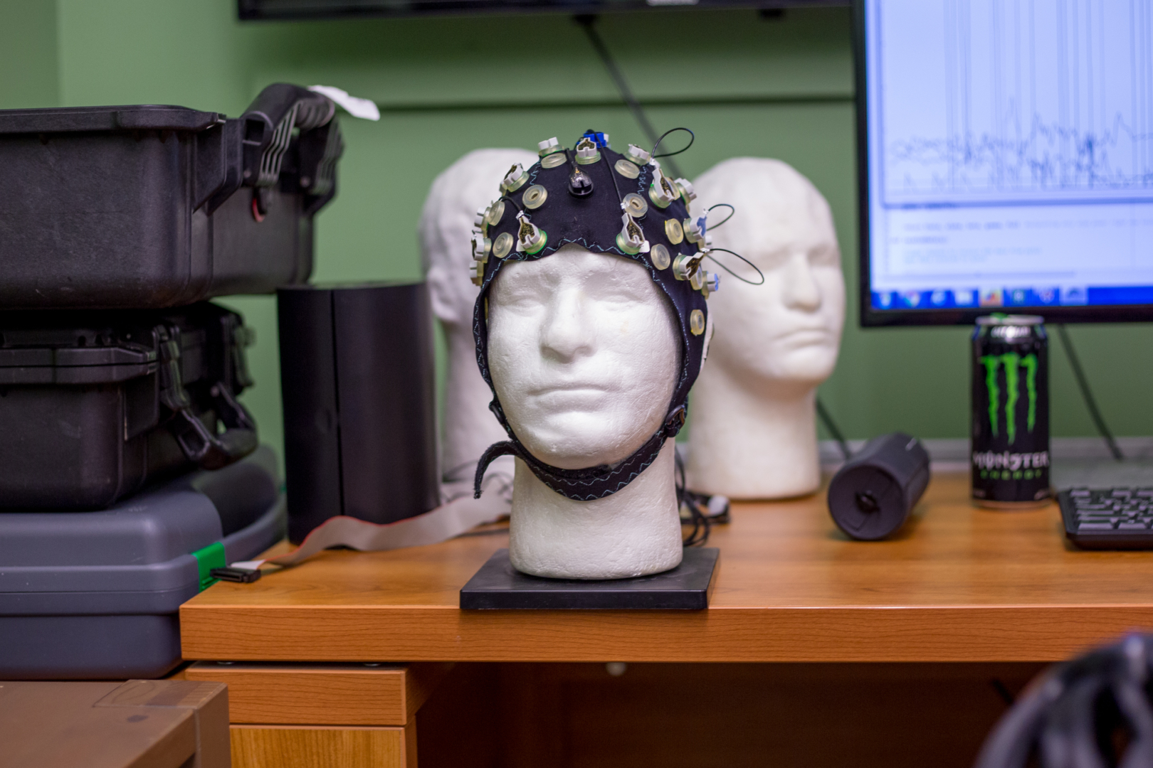 One of the non-invasive caps that Eric Todd had on his desk. The cap lets users control lights and sounds by measuring electrical activity in the brain.  | Trevor Nolley/The Cougar